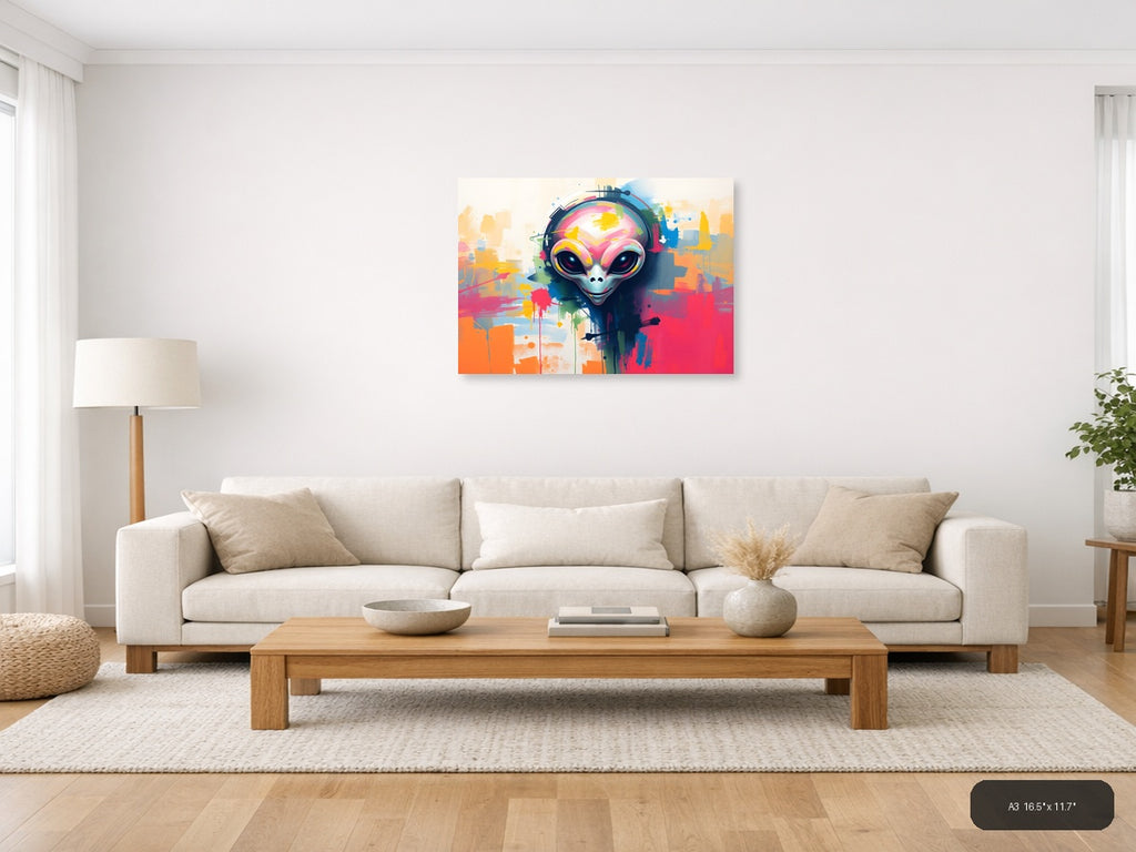 Colorful Alien with Headphones Abstract Wall Art — A3 / Living Room