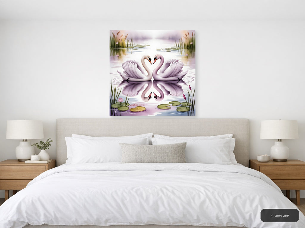 Two Swans Heart Reflection Watercolor Wall Art — A1 / Bedroom