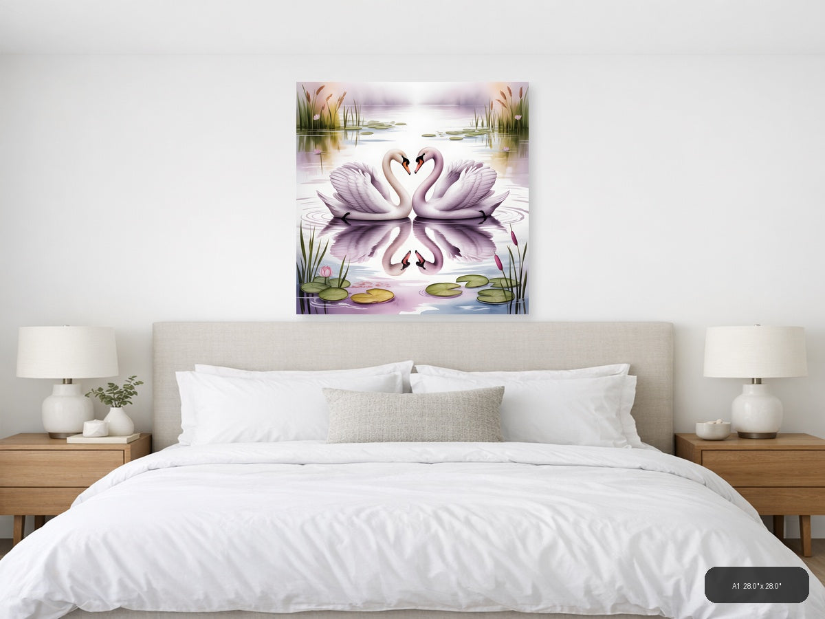 Two Swans Heart Reflection Watercolor Wall Art — A1 / Bedroom