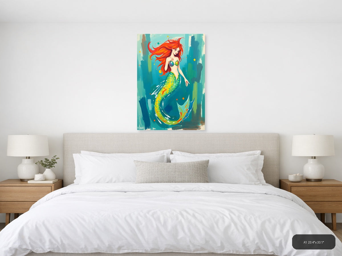 Vibrant Mermaid with Red Hair Abstract Wall Art — A1 / Bedroom