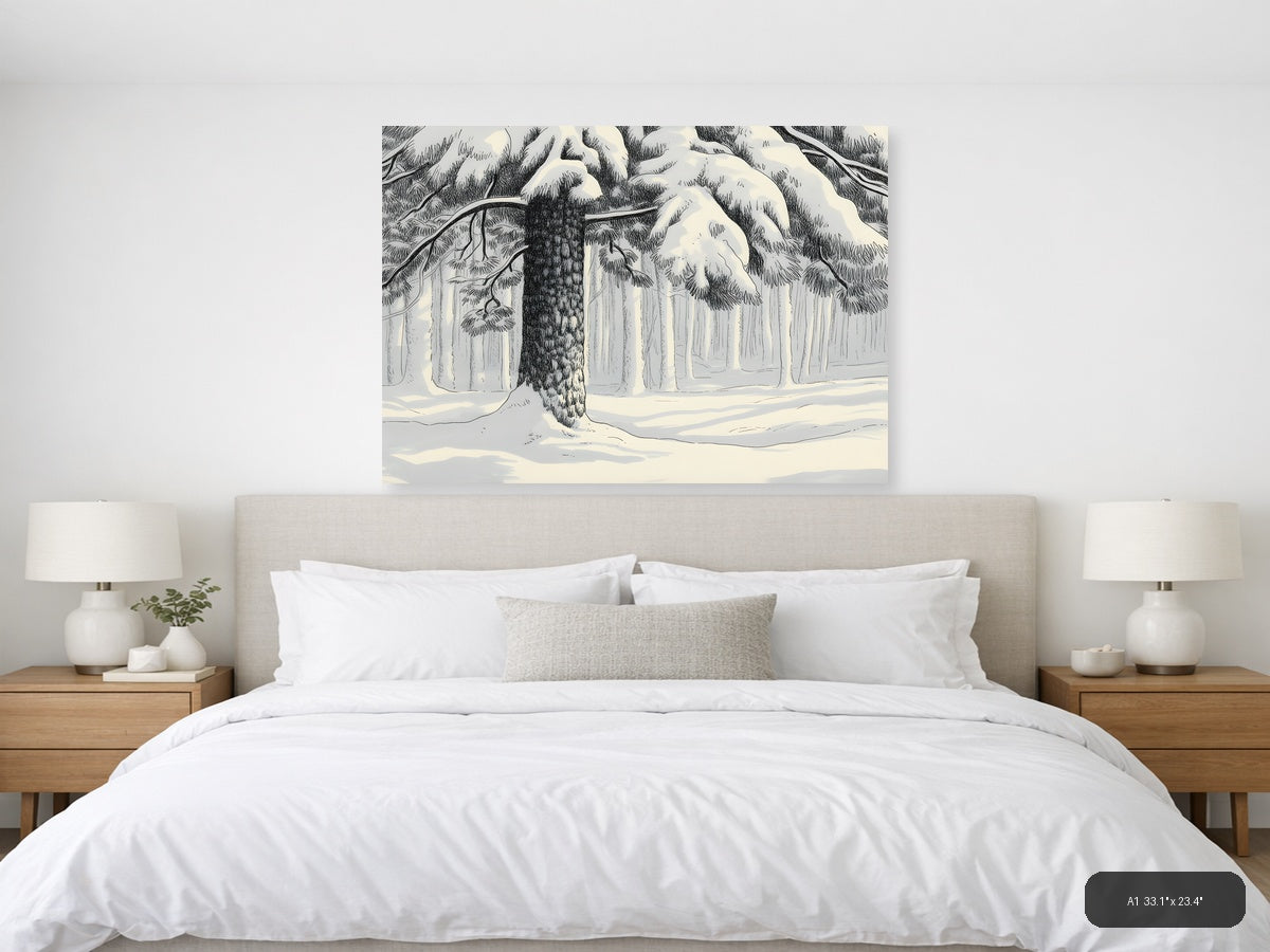 Winter Forest Snow Line Art Landscape Wall Art — A1 / Bedroom