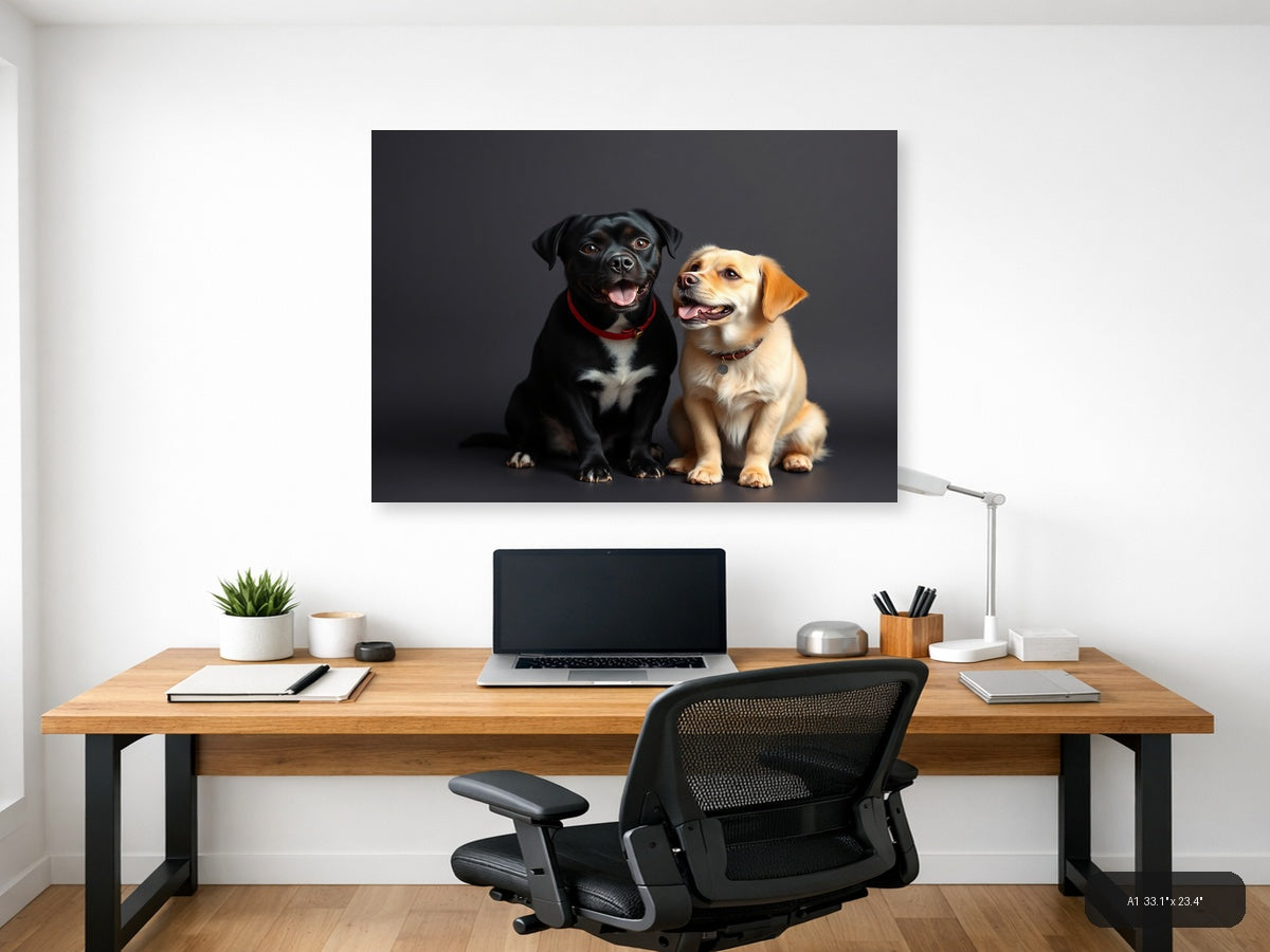Two Happy Labradors Portrait on Gray | Minimalist Dog Wall Art — A1 (Office)