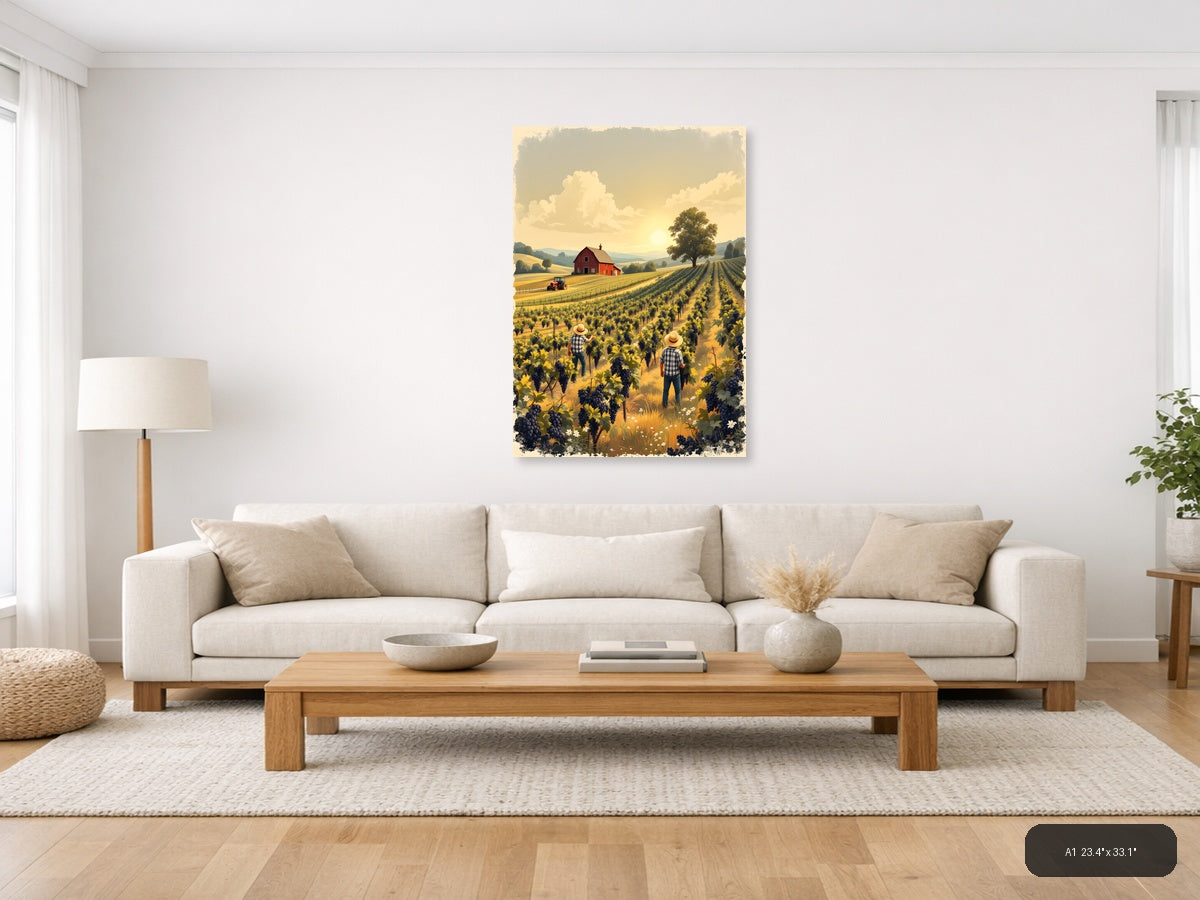 Vintage Vineyard Harvest Farm Landscape Wall Art — A1 / Living Room