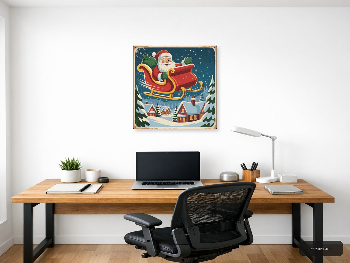 Vintage Santa Sleigh Christmas Night Sky Wall Art — A2 / Office