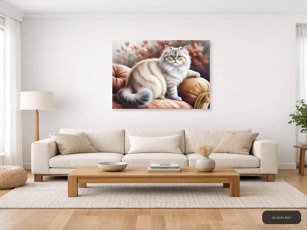 Fluffy White Cat on Red Cushion Watercolor Wall Art — A2 / Living Room