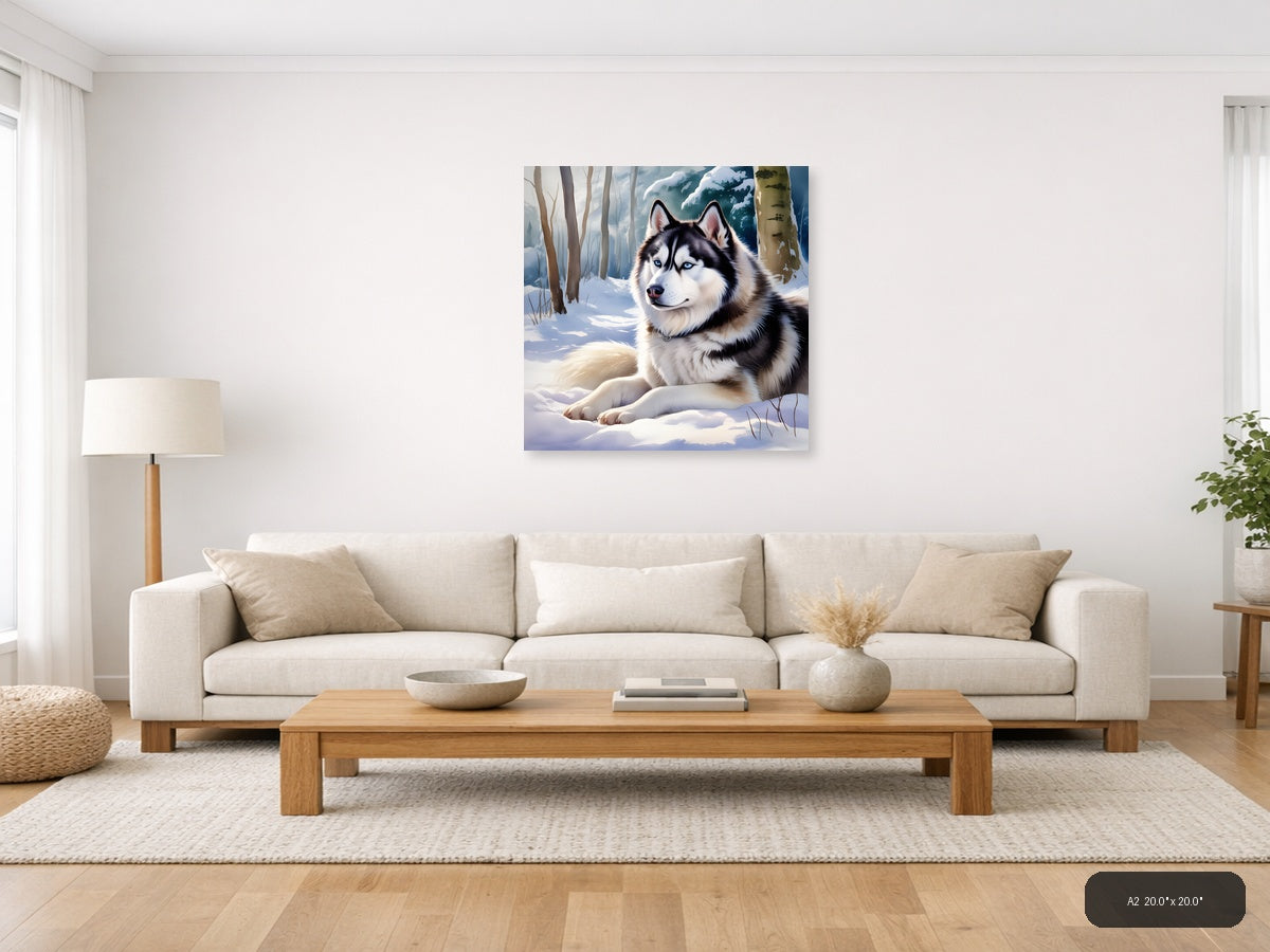 Husky in Winter Forest - Watercolor Wall Art — A2 / Living Room
