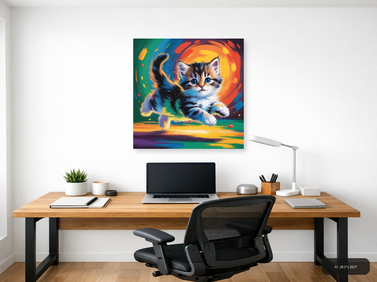 Colorful Abstract Kitten with Blue Eyes Wall Art — A1 / Office