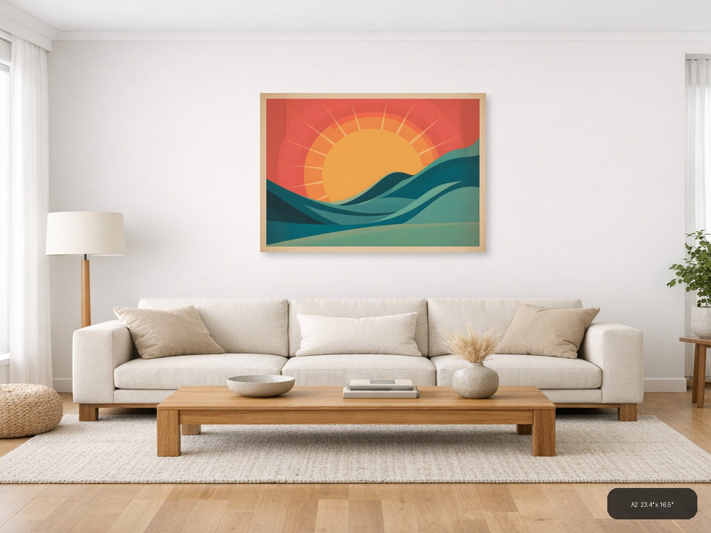 Vintage Sunrise Over Ocean Waves Wall Art — A2 / Living Room