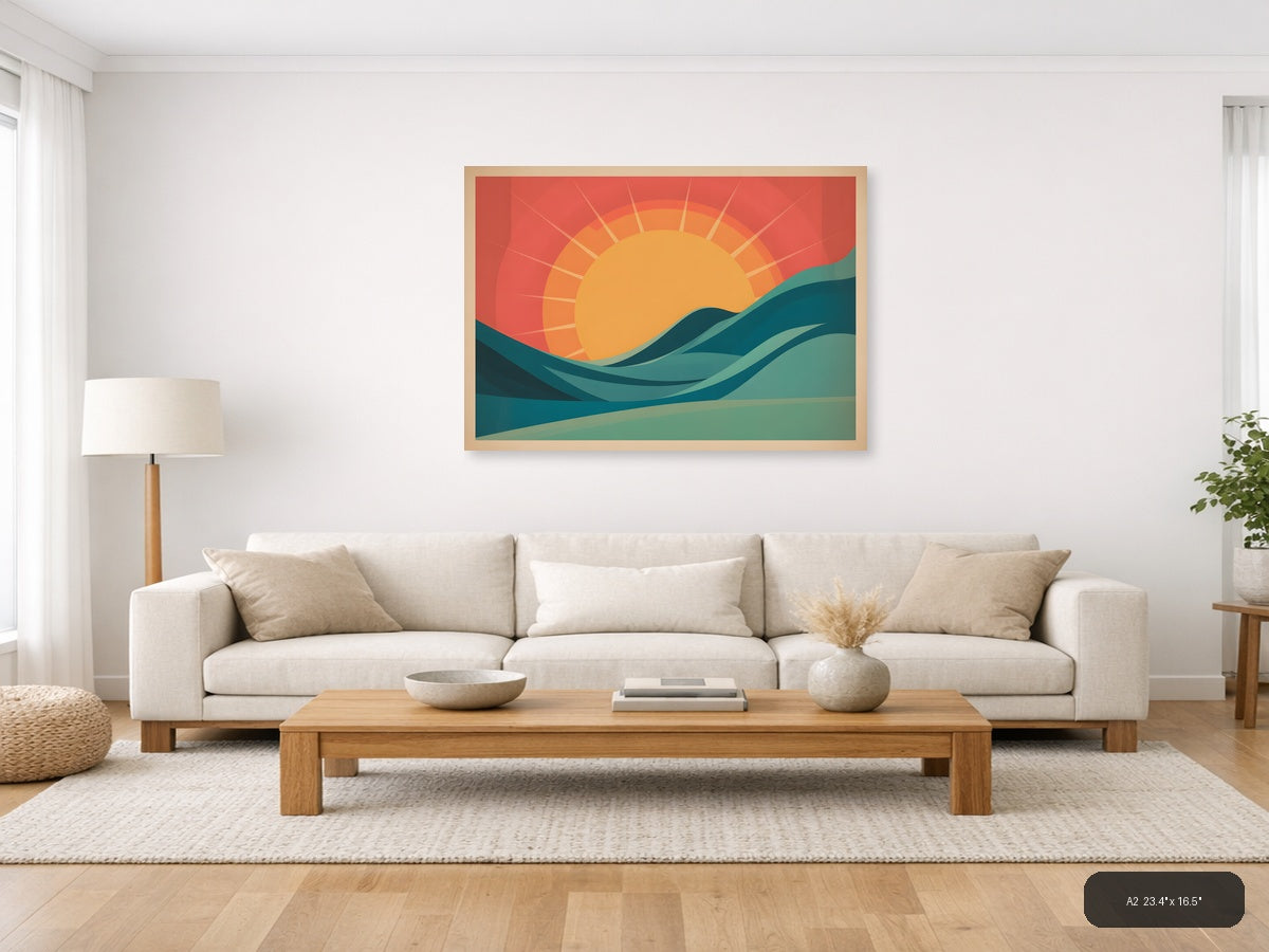 Vintage Sunrise Over Ocean Waves Wall Art — A2 / Living Room