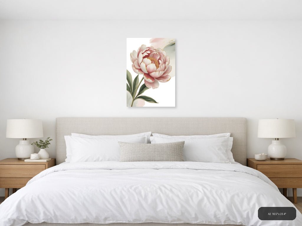 Pink Peony with Gold Accents Watercolor Wall Art — A2 / Bedroom