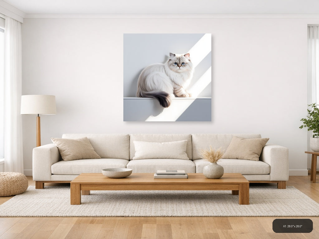 Minimalist White Cat with Blue Eyes Square Wall Art — A1 / Living Room