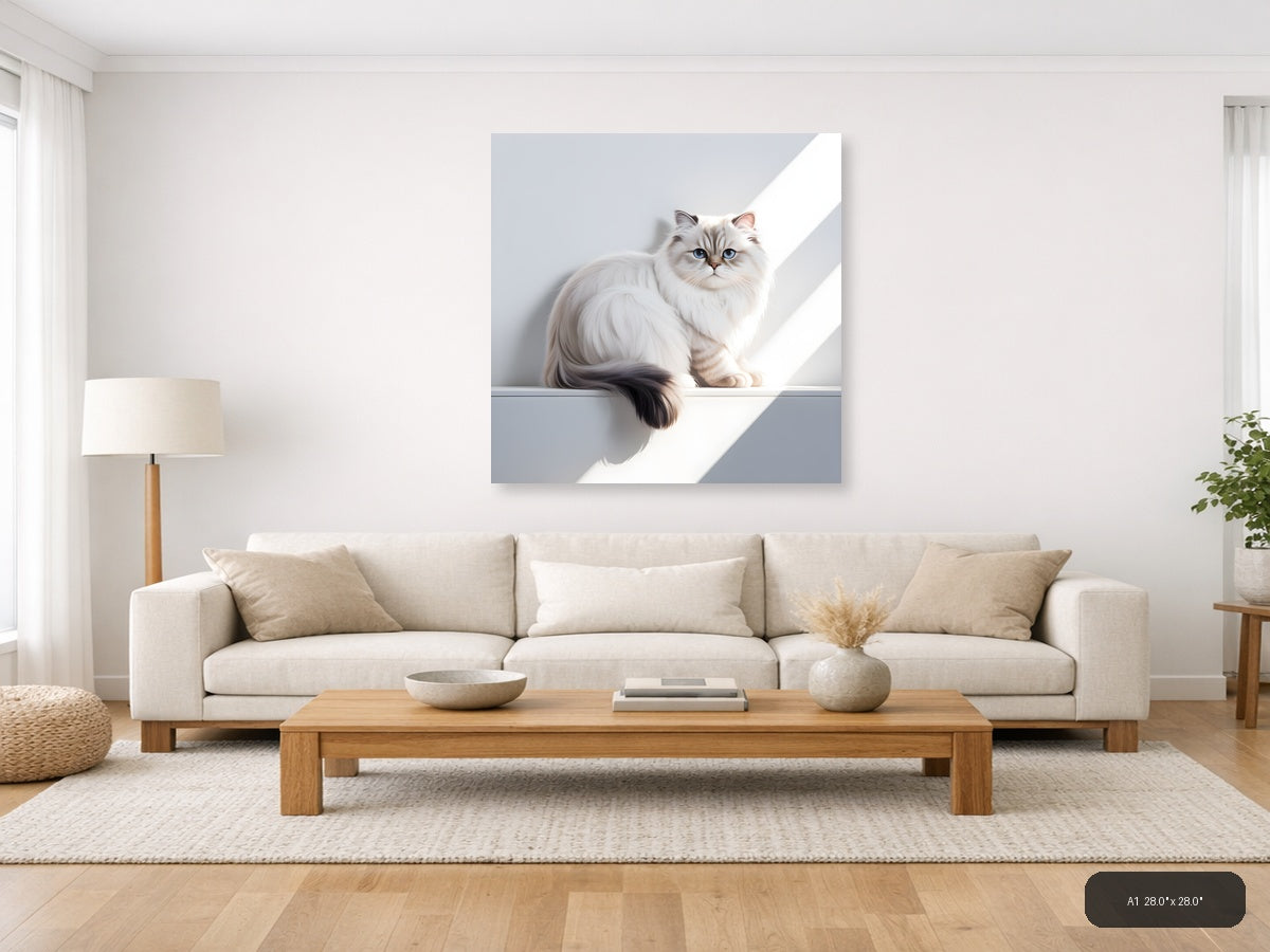 Minimalist White Cat with Blue Eyes Square Wall Art — A1 / Living Room