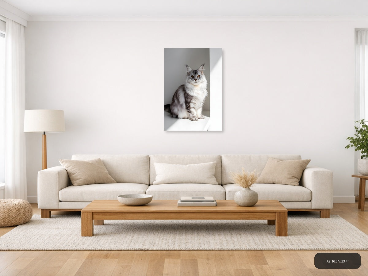 Gray Tabby Cat Portrait Minimalist Wall Art — A2 / Living Room