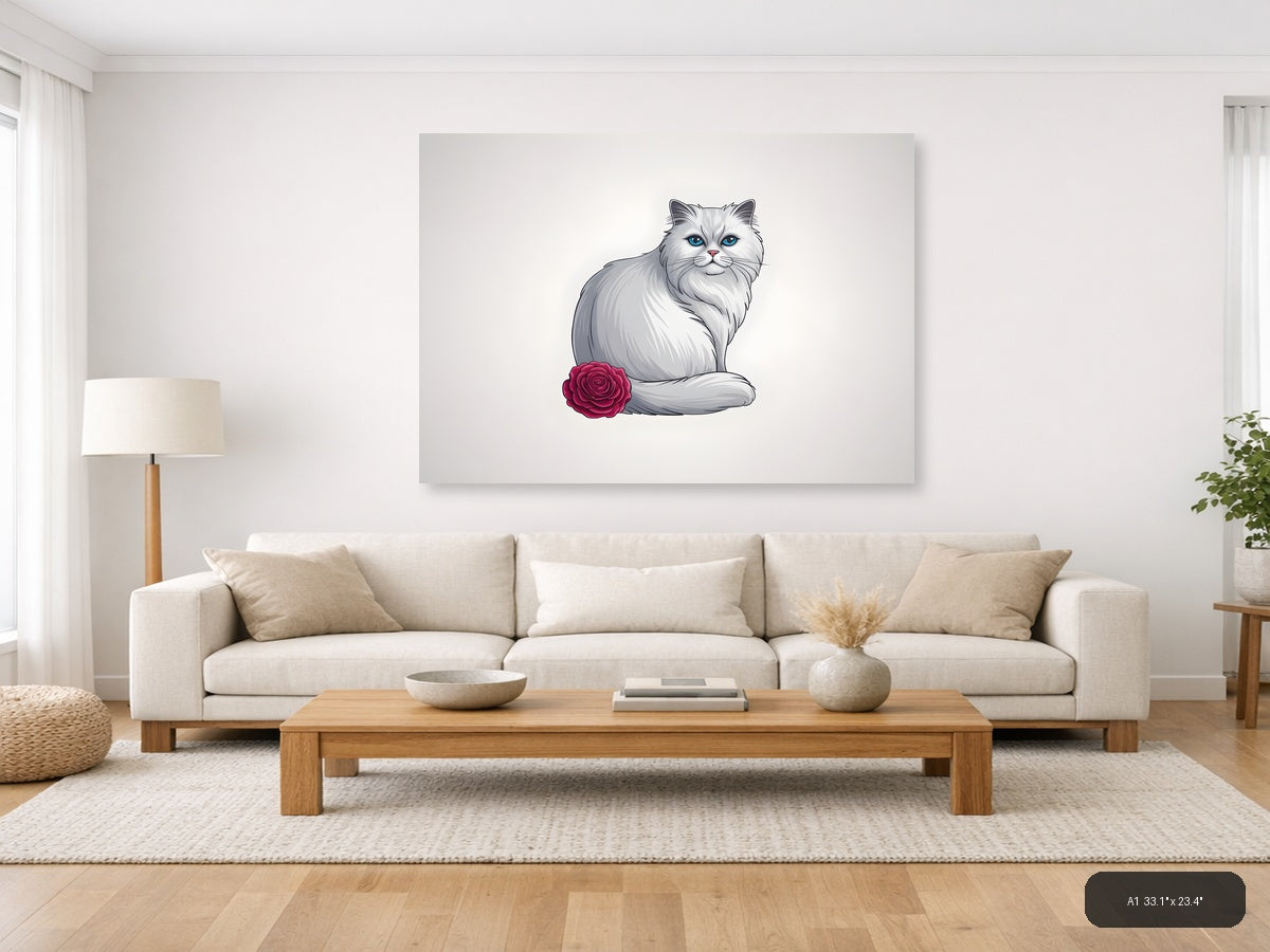 White Fluffy Cat with Blue Eyes and Rose - Minimalist Wall Art — A1 / Living Room