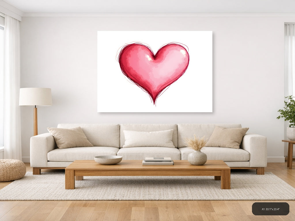 Pink Watercolor Heart Line Art Wall Art — A1 / Living Room
