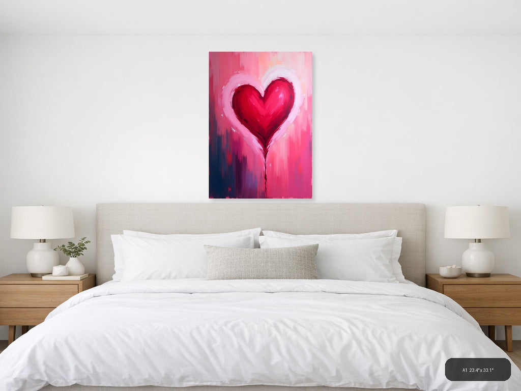 Red Heart Abstract Brushstroke Pink Wall Art — A1 / Bedroom