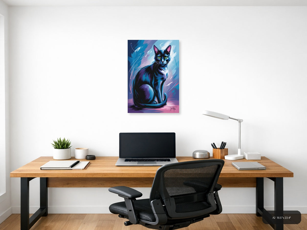 Abstract Blue Cat with Neon Eyes Portrait Wall Art — A2 / Office