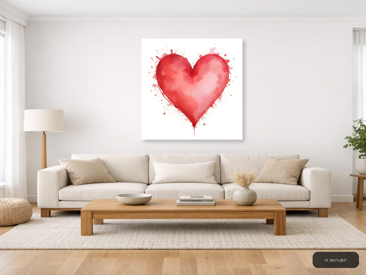 Red Watercolor Heart with Splatter Effect Wall Art — A1 / Living Room