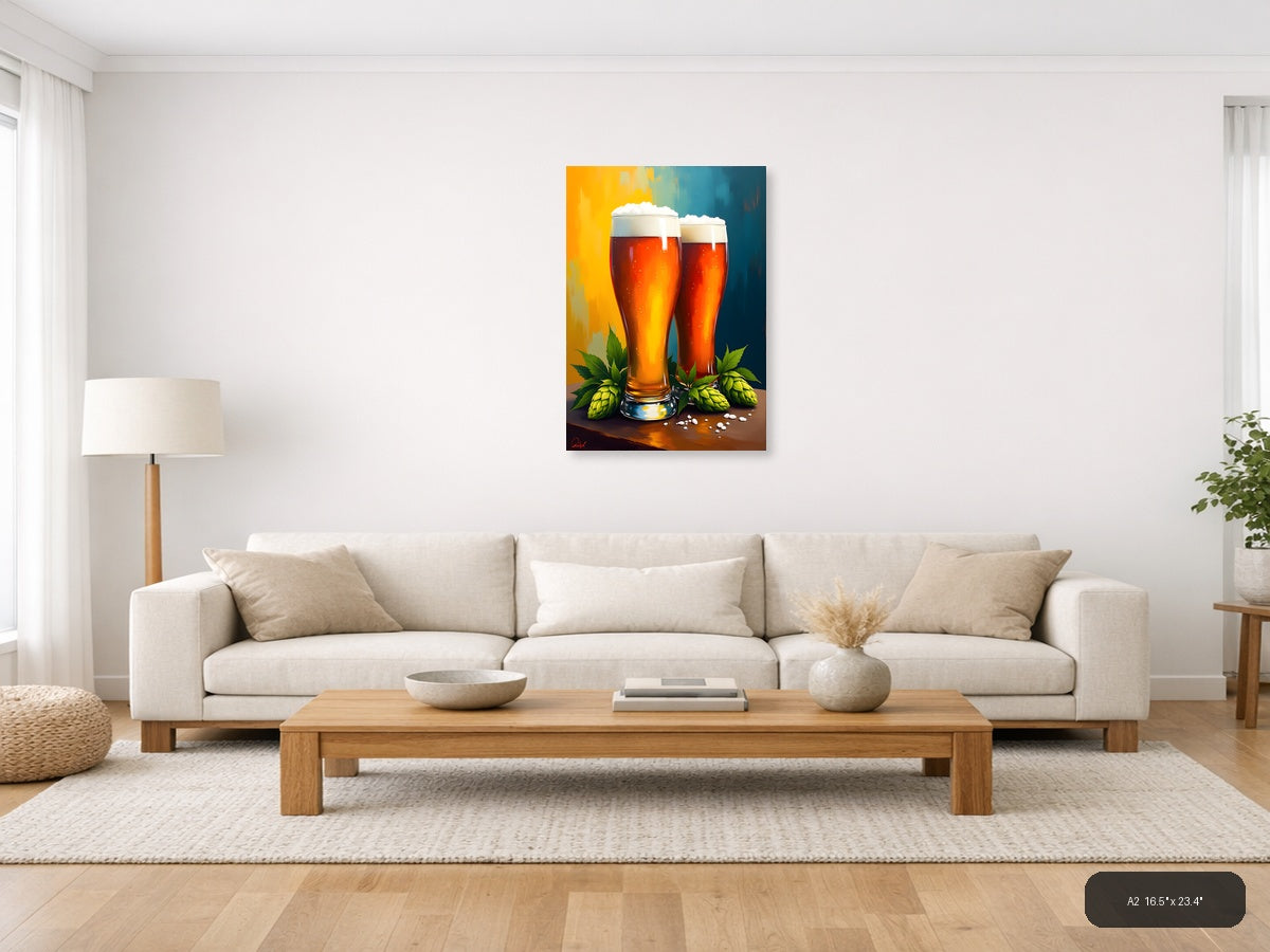 Two Beer Glasses with Hops Abstract Wall Art — A2 / Living Room