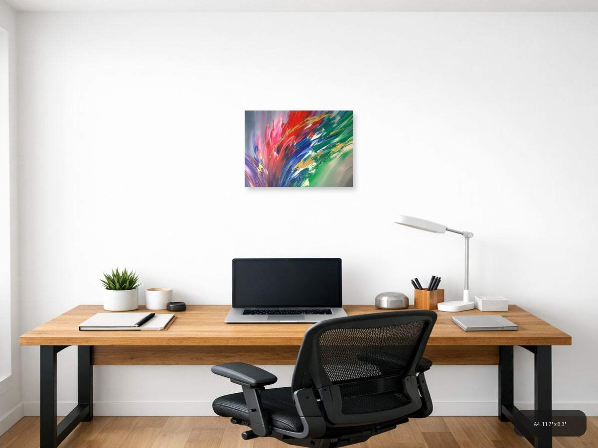 Vibrant Abstract Explosion: Pink, Red & Green Wall Art — A4 / Office