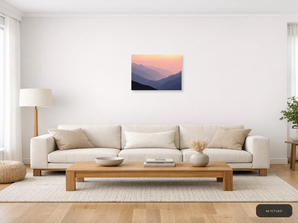 Minimalist Mountain Valley Sunset Pink Sky Wall Art — A4 / Living Room