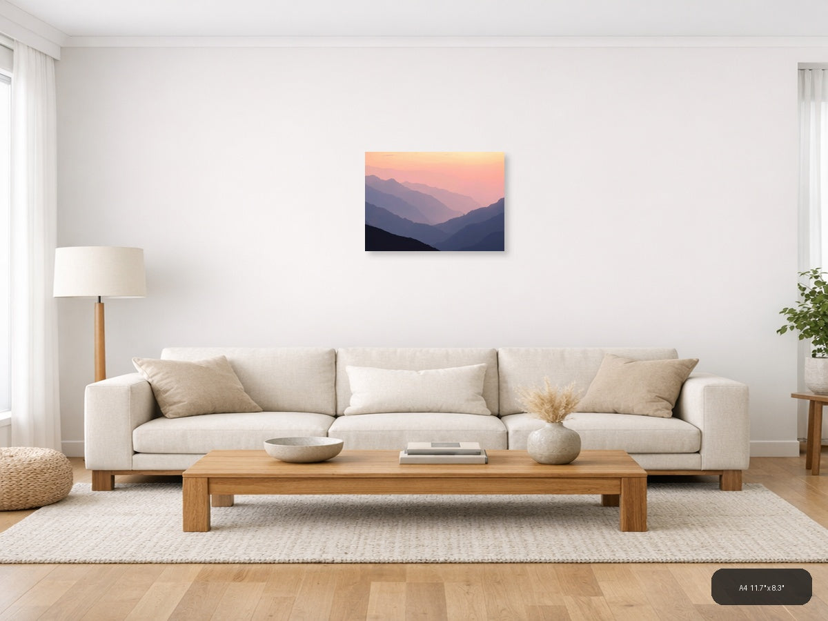 Minimalist Mountain Valley Sunset Pink Sky Wall Art — A4 / Living Room
