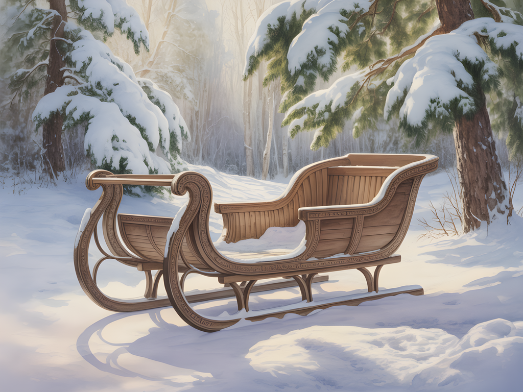 Wooden Sleigh in Snowy Forest Watercolor Wall Art