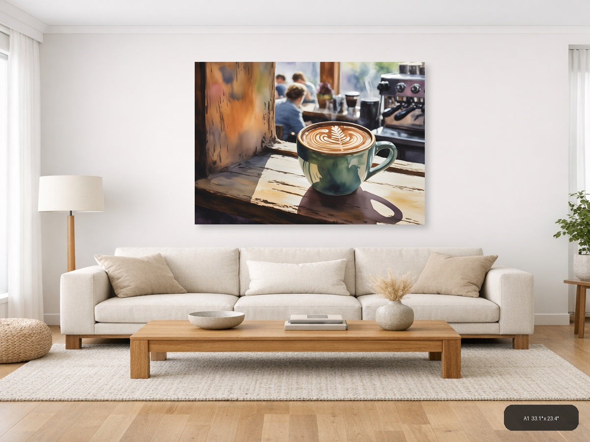 Latte Art Café Window - Watercolor Wall Art — A1 / Living Room