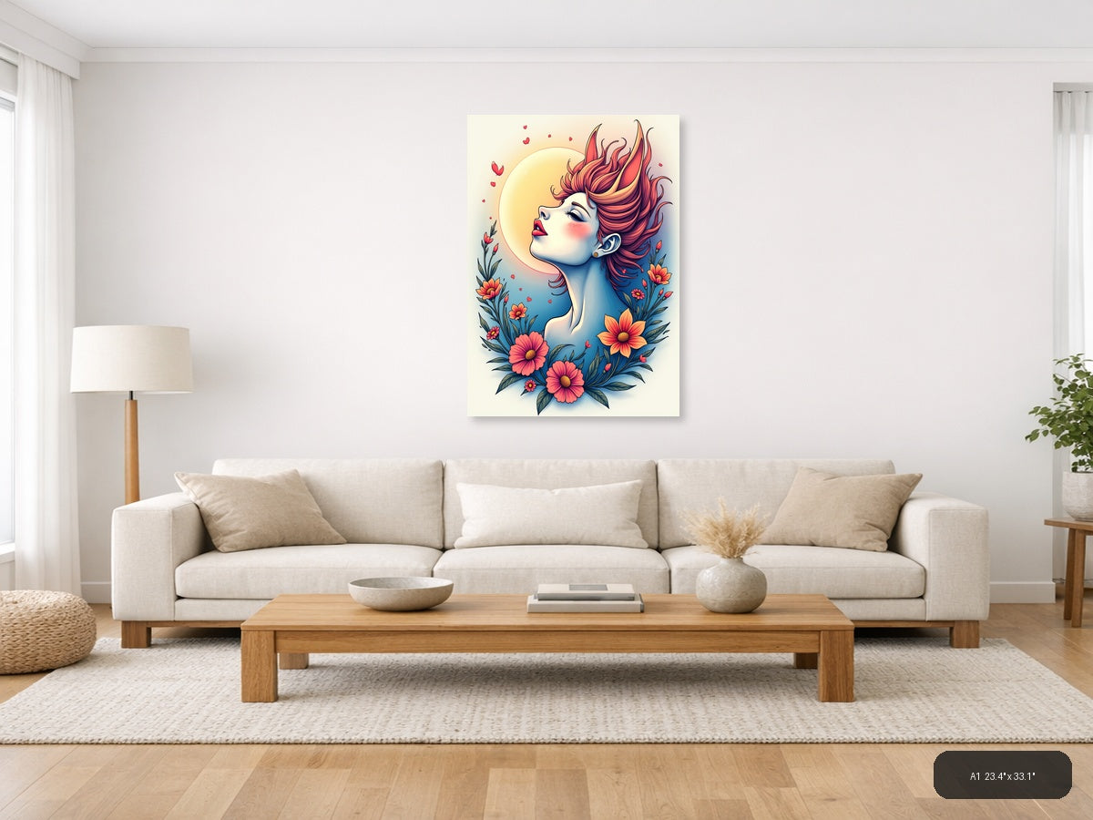 Colorful Woman Portrait with Flowers Line Art Wall Art — A1 / Living Room