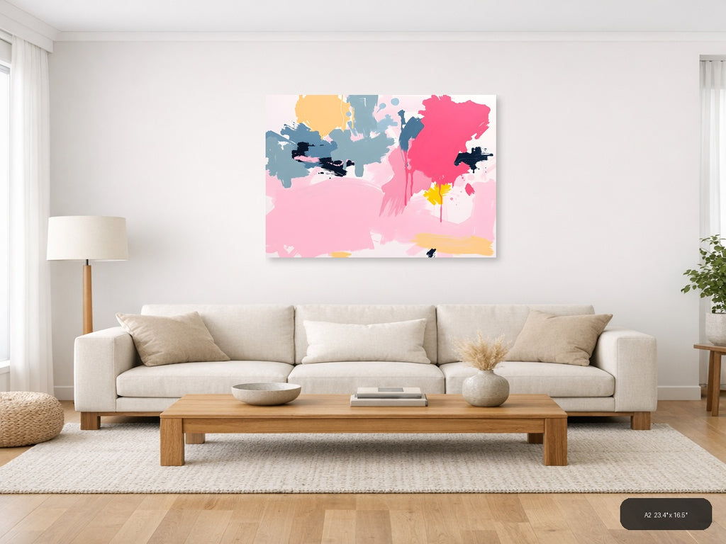 Abstract Pink & Blue Brushstroke Modern Wall Art — A2 / Living Room