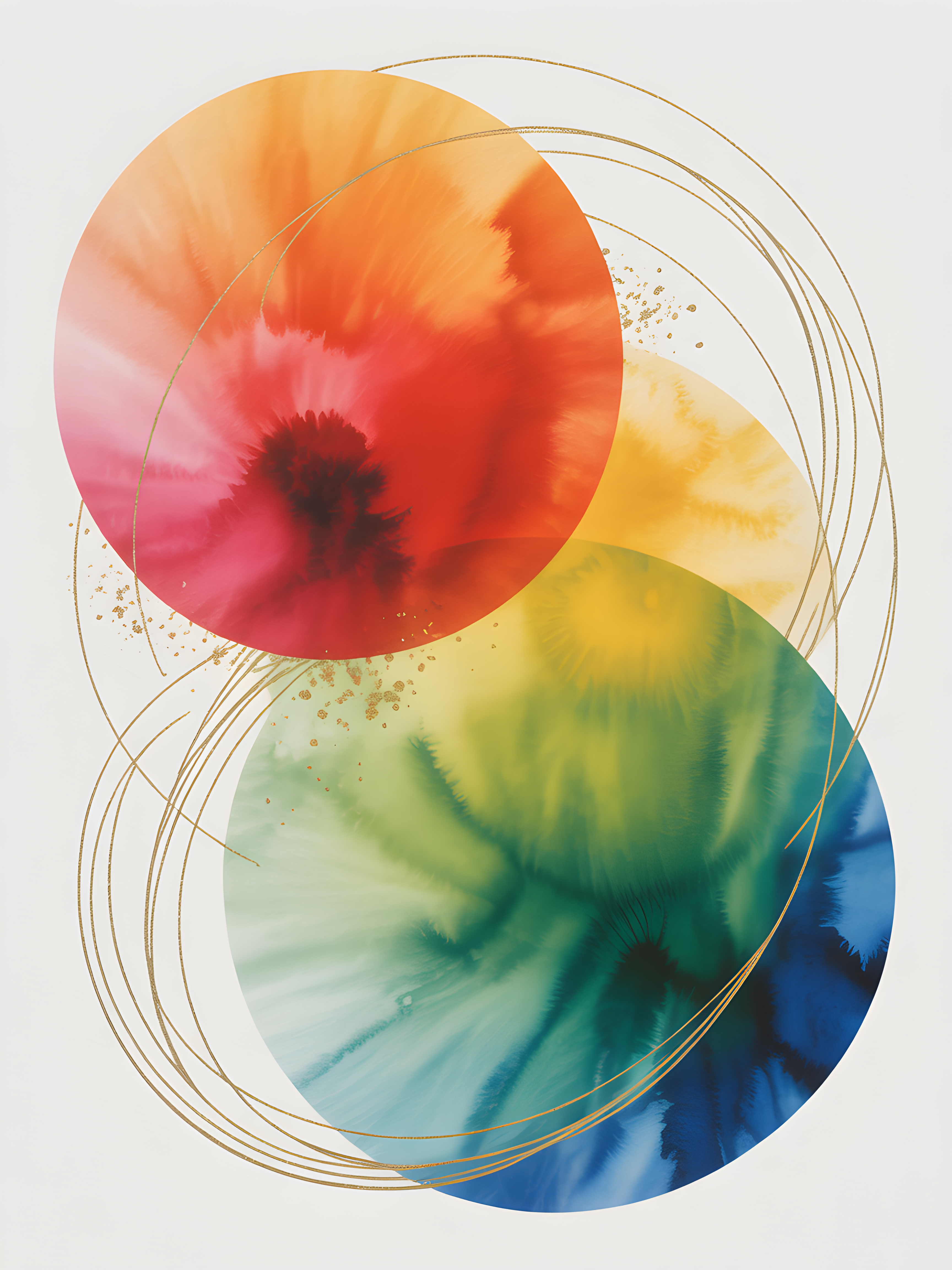 Rainbow Watercolor Circles with Gold Lines Wall Art