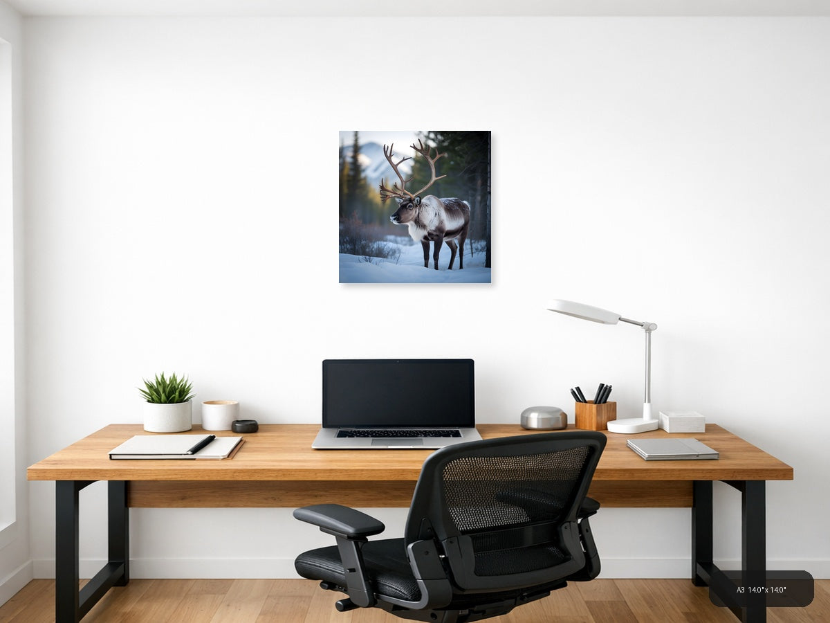 Majestic Reindeer in Snow Winter Forest Photography Wall Art — A3 / Office