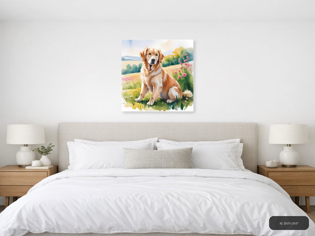 Brown and White Dog in Wildflower Meadow Watercolor Wall Art — A2 / Bedroom