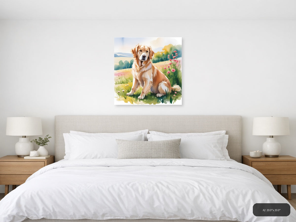 Brown and White Dog in Wildflower Meadow Watercolor Wall Art — A2 / Bedroom