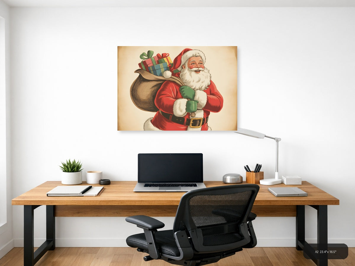 Vintage Santa Claus with Gifts Illustration Wall Art — A2 / Office