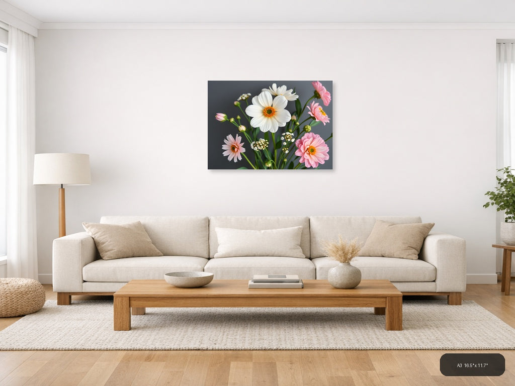 White Daisy & Pink Gerbera Minimalist Flower Wall Art — A3 / Living Room