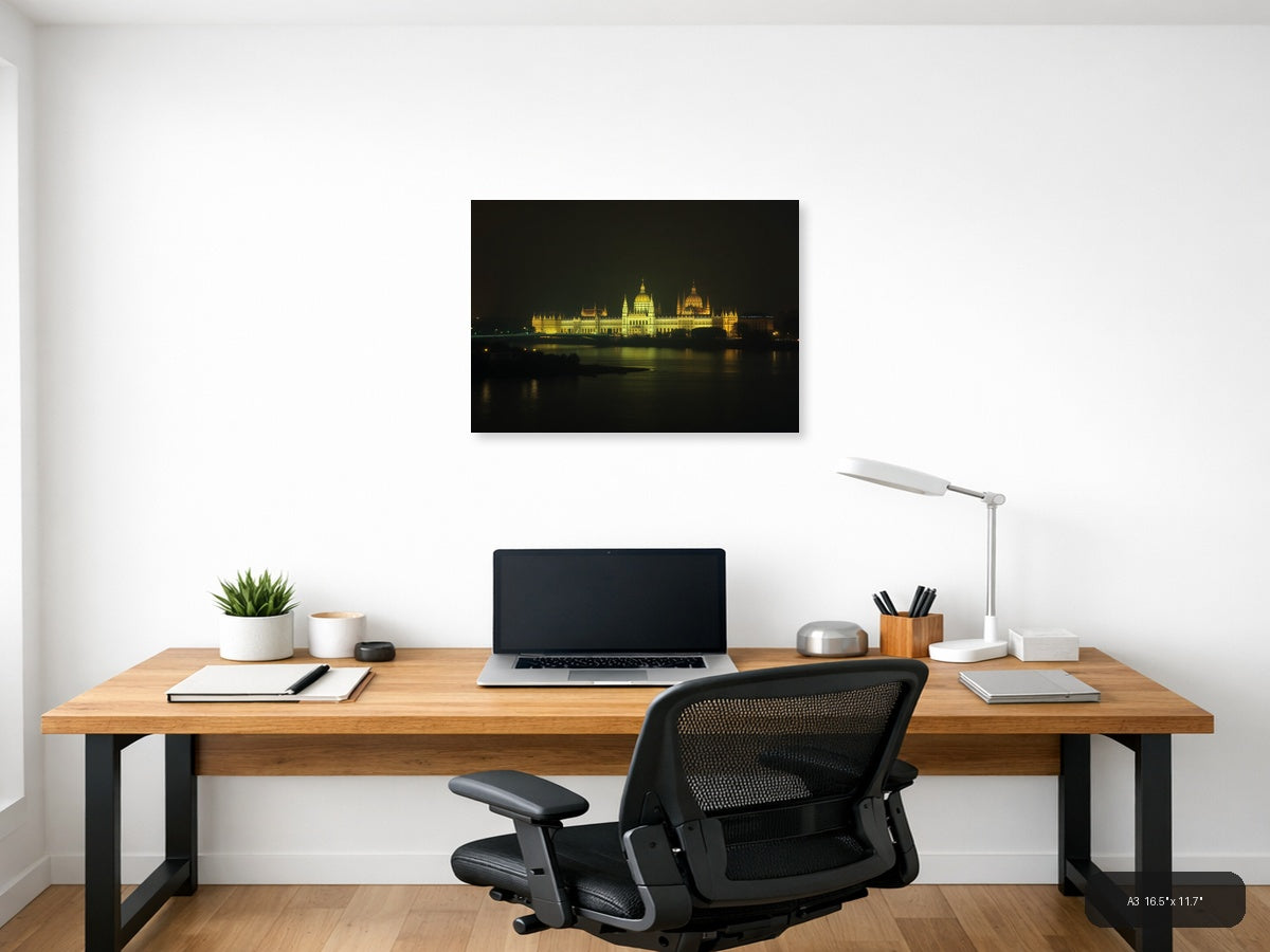 Golden Parliament Building Night Reflection | Minimalist Landscape Wall Art — A3 (Office)