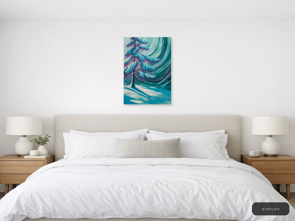 Abstract Winter Tree with Aurora Swirls Wall Art — A2 / Bedroom