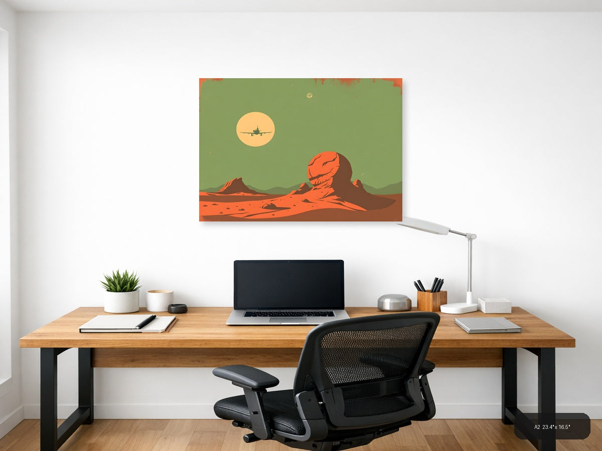 Vintage Mars Landscape Aircraft Silhouette Wall Art — A2 / Office