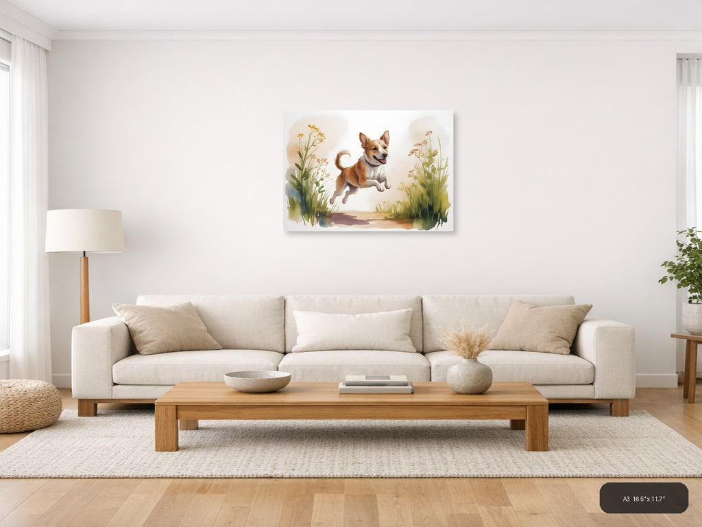 Happy Dog Jumping in Wildflowers Watercolor Wall Art — A3 / Living Room