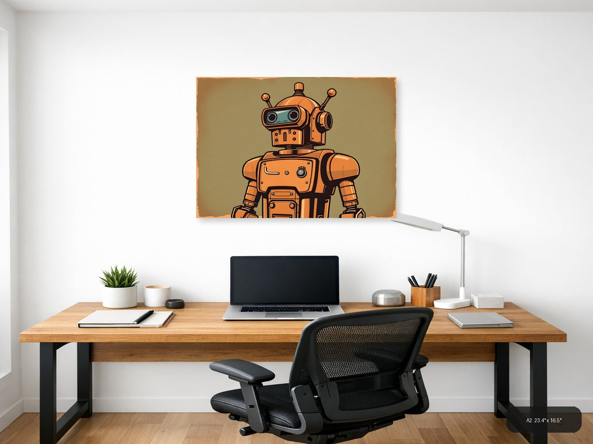 Vintage Orange Robot Retro Sci-Fi Wall Art — A2 / Office