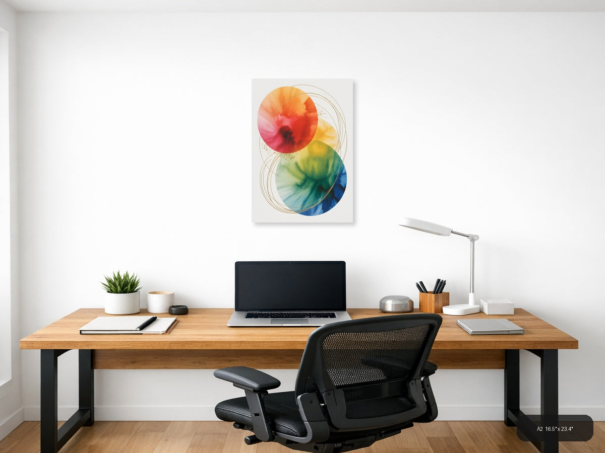 Rainbow Watercolor Circles with Gold Lines Wall Art — A2 / Office