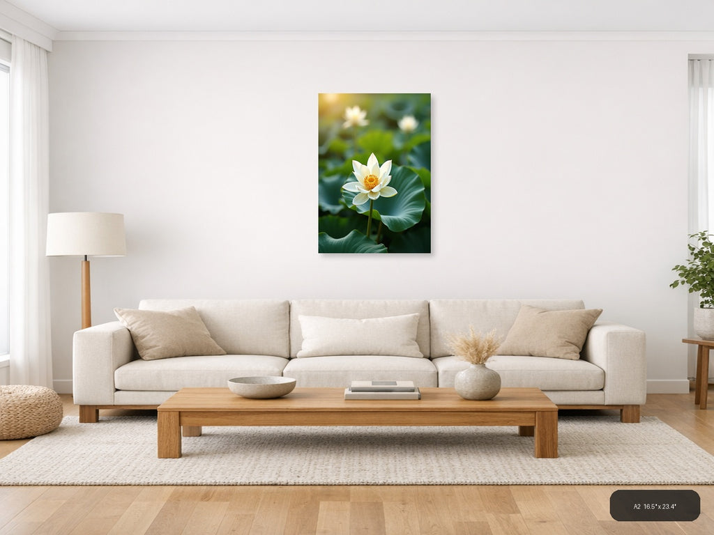 White Lotus Flower Botanical Portrait Wall Art — A2 / Living Room