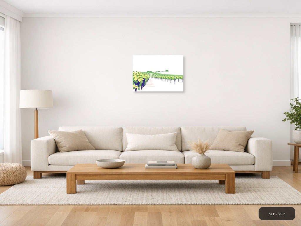 Minimalist Vineyard Landscape with Purple Grapes Wall Art — A4 / Living Room