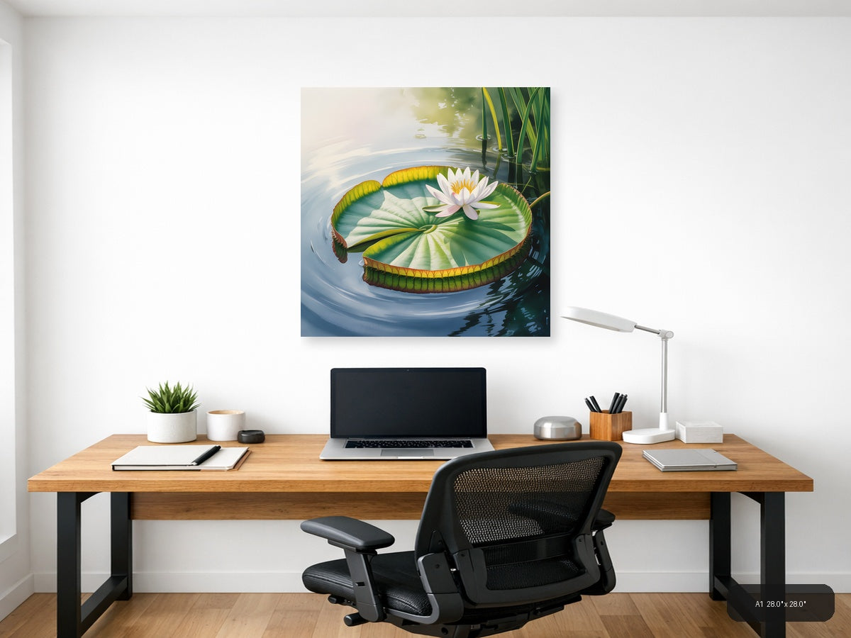 White Water Lily on Giant Leaf Watercolor Wall Art — A1 / Office