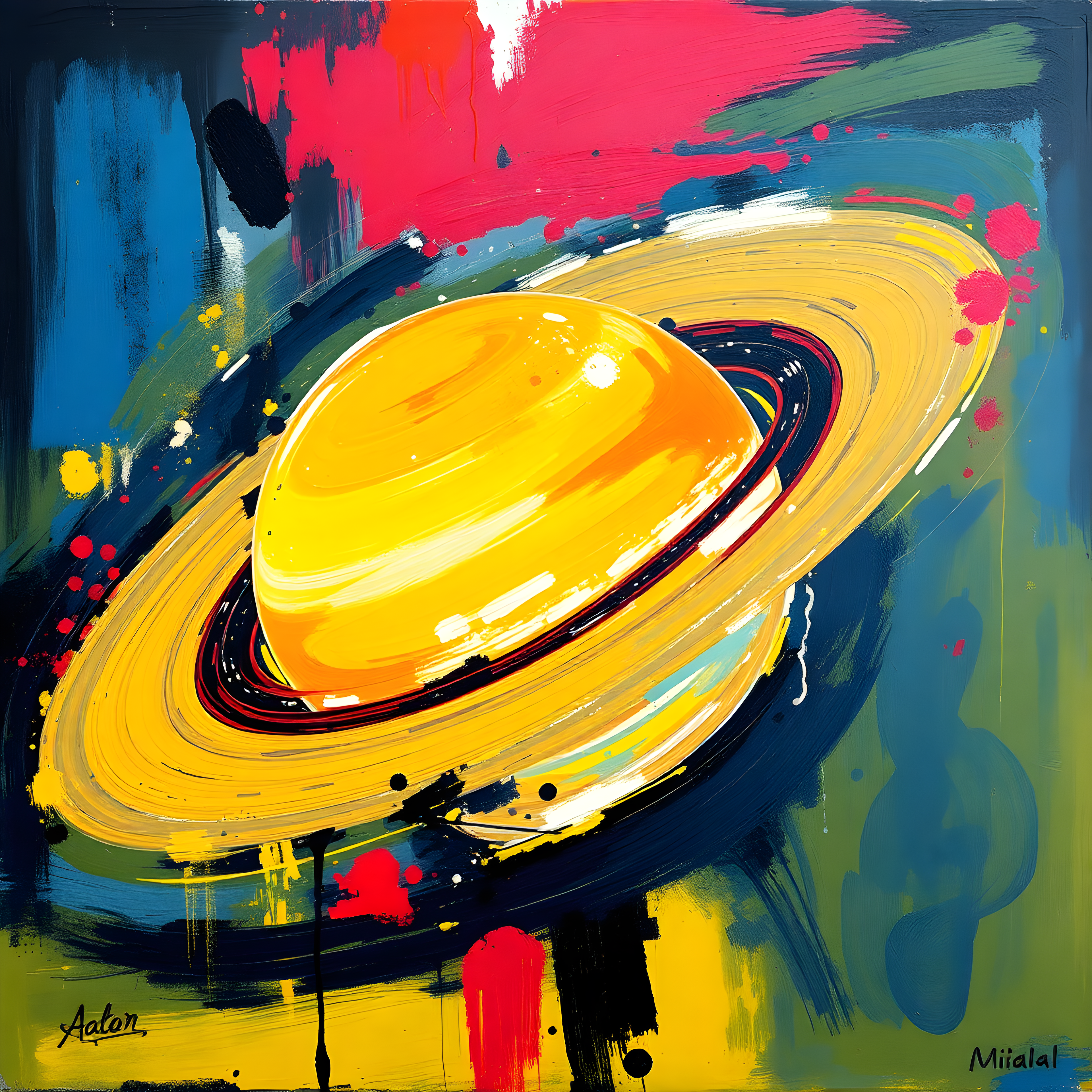 Abstract Yellow Planet with Rings - Modern Space Wall Art