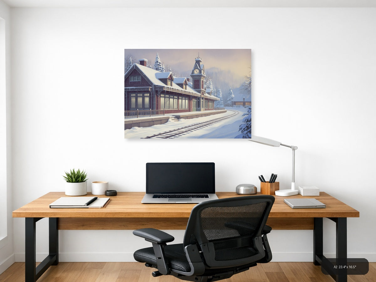Vintage Snow-Covered Railway Station Clock Tower Wall Art — A2 / Office