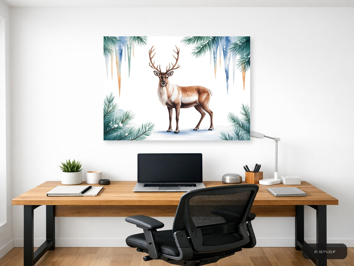 Winter Reindeer with Pine Branches Watercolor Wall Art — A1 / Office