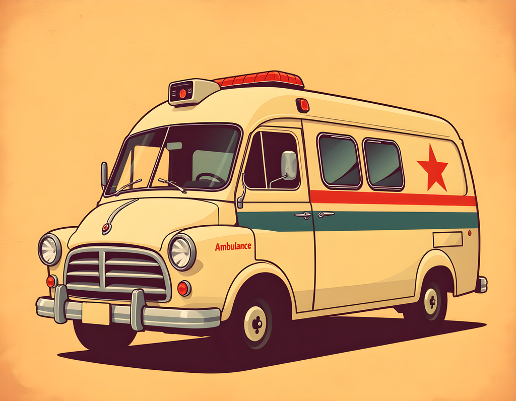 Vintage Cream Ambulance Illustration - Retro Wall Art