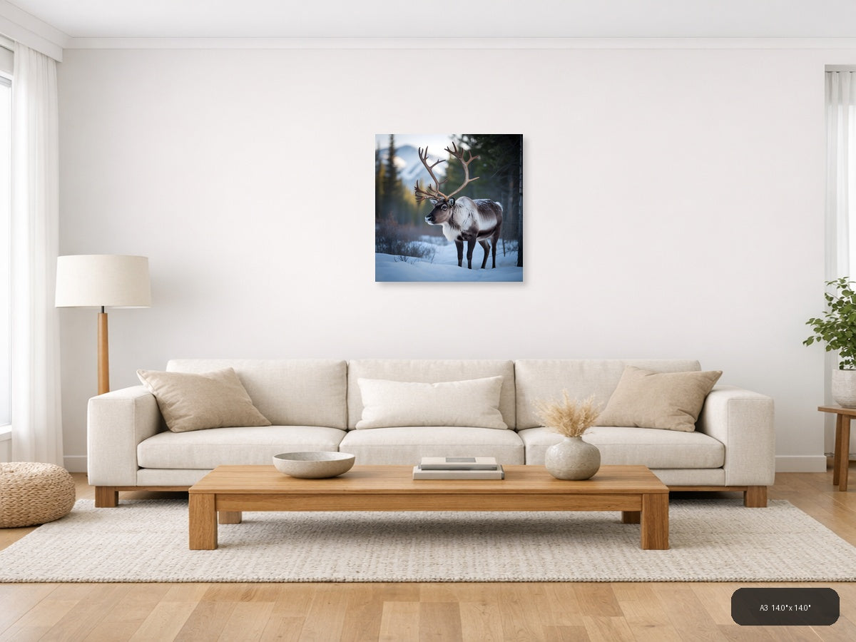 Majestic Reindeer in Snow Winter Forest Photography Wall Art — A3 / Living Room